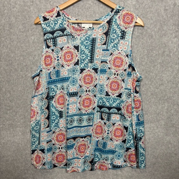 J. Jill Linen Sleeveless Medallion Print Tank Blouse Top-Blue/Red-Women Large - Picture 2 of 5